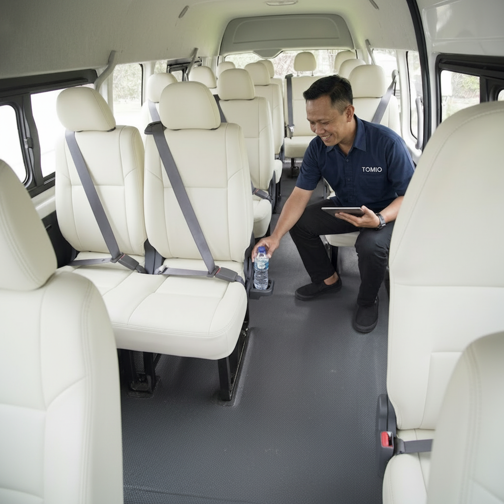 Interior Toyota Hiace mewah dengan jok kulit putih gading dan driver profesional TOMIO untuk jemputan karyawan Bandung.